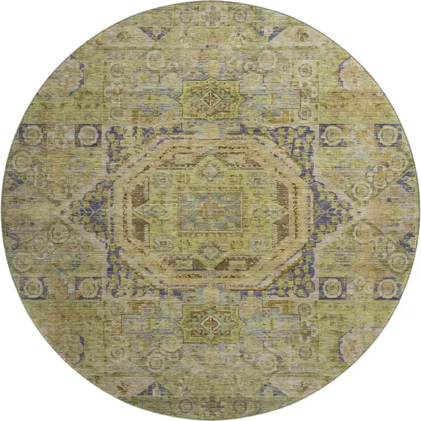 8' Artichoke Green And Blue Oriental Washable Round Rug With UV Protection Photo 1