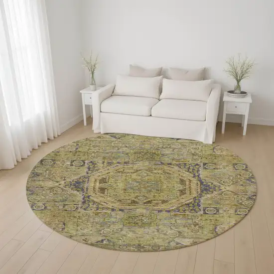 8' Artichoke Green And Blue Oriental Washable Round Rug With UV Protection Photo 4