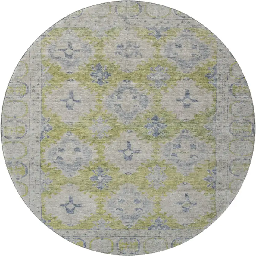 8' Artichoke Green And Blue Oriental Washable Round Rug With UV Protection Photo 3
