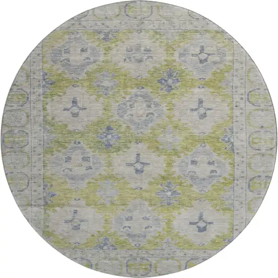 8' Artichoke Green And Blue Oriental Washable Round Rug With UV Protection Photo 1