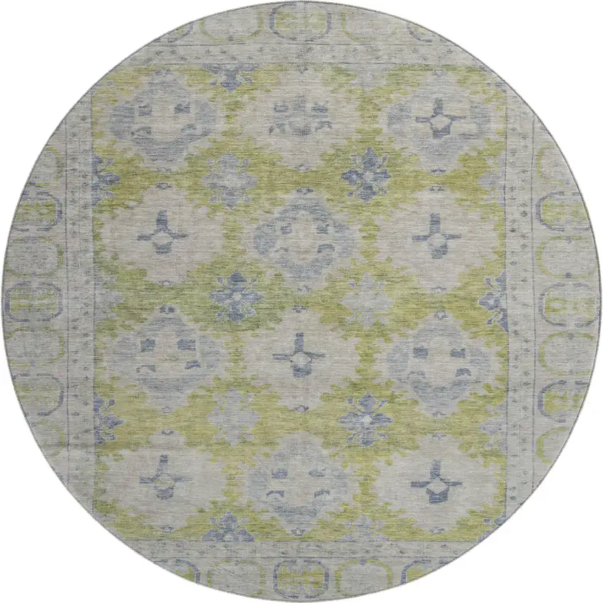 8' Artichoke Green And Blue Oriental Washable Round Rug With UV Protection Photo 1
