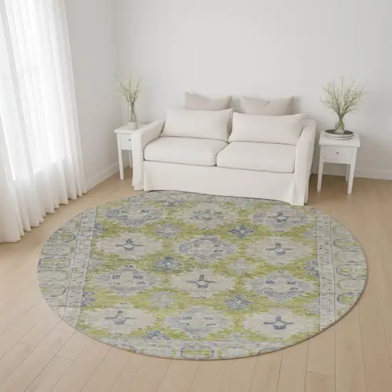 8' Artichoke Green And Blue Oriental Washable Round Rug With UV Protection Photo 4