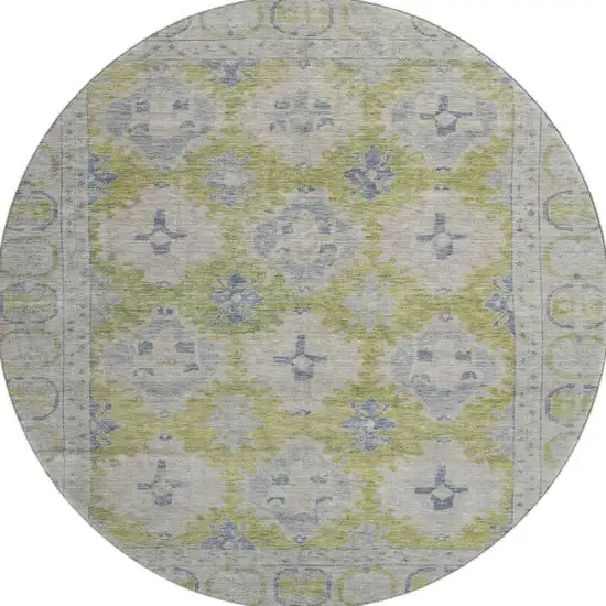 8' Artichoke Green And Blue Oriental Washable Round Rug With UV Protection Photo 3