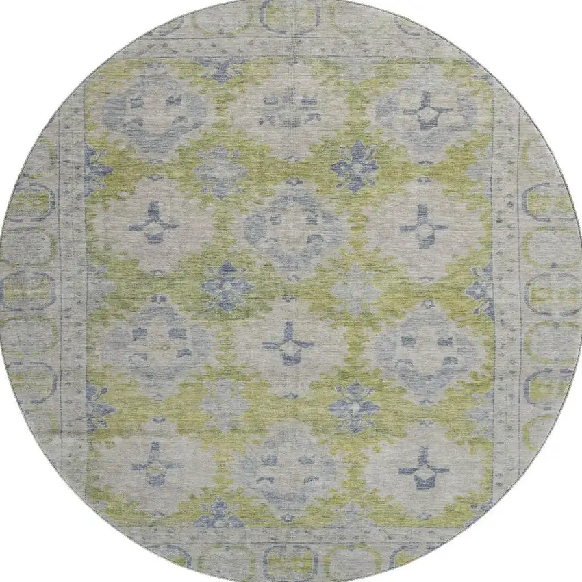 8' Artichoke Green And Blue Oriental Washable Round Rug With UV Protection Photo 3