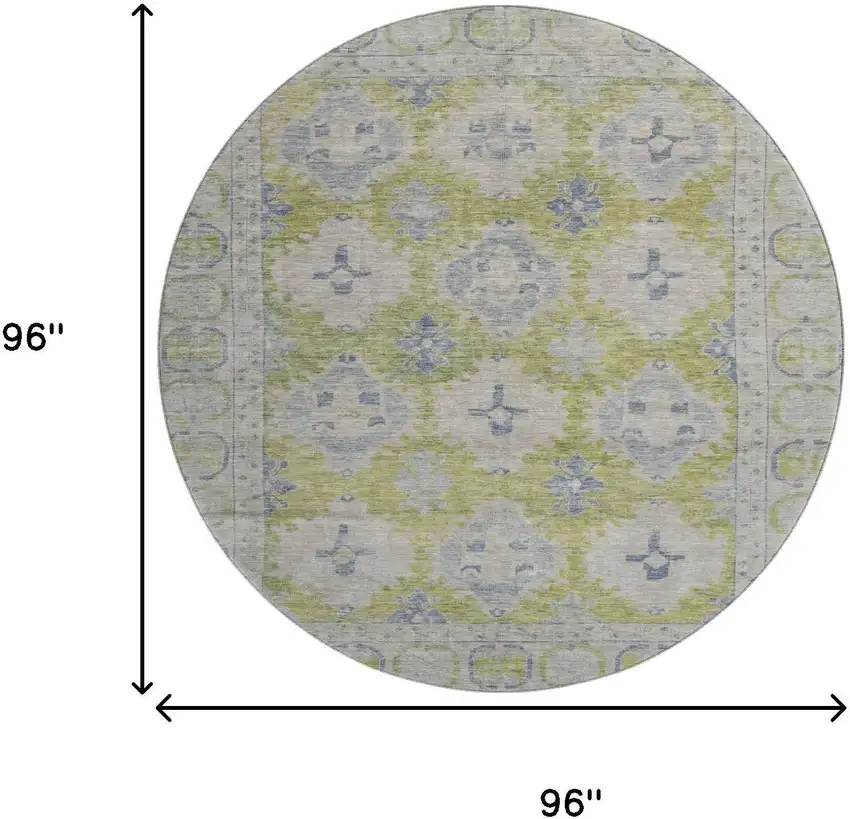 8' Artichoke Green And Blue Oriental Washable Round Rug With UV Protection Photo 9