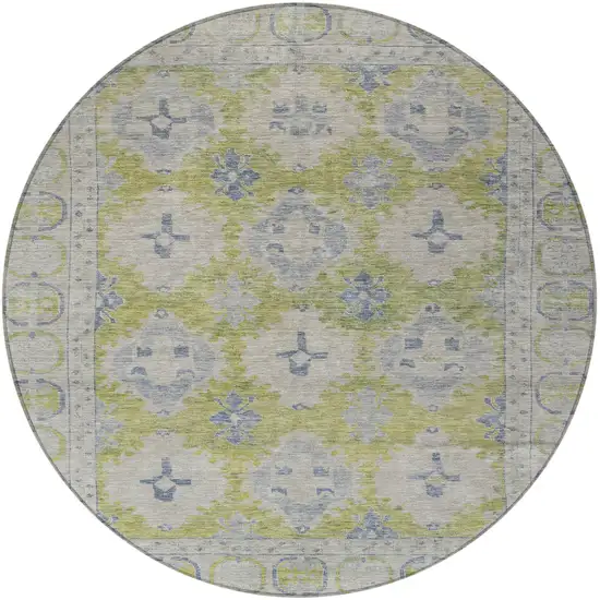 8' Artichoke Green And Blue Round Damask Washable Indoor Outdoor Area Rug Photo 3