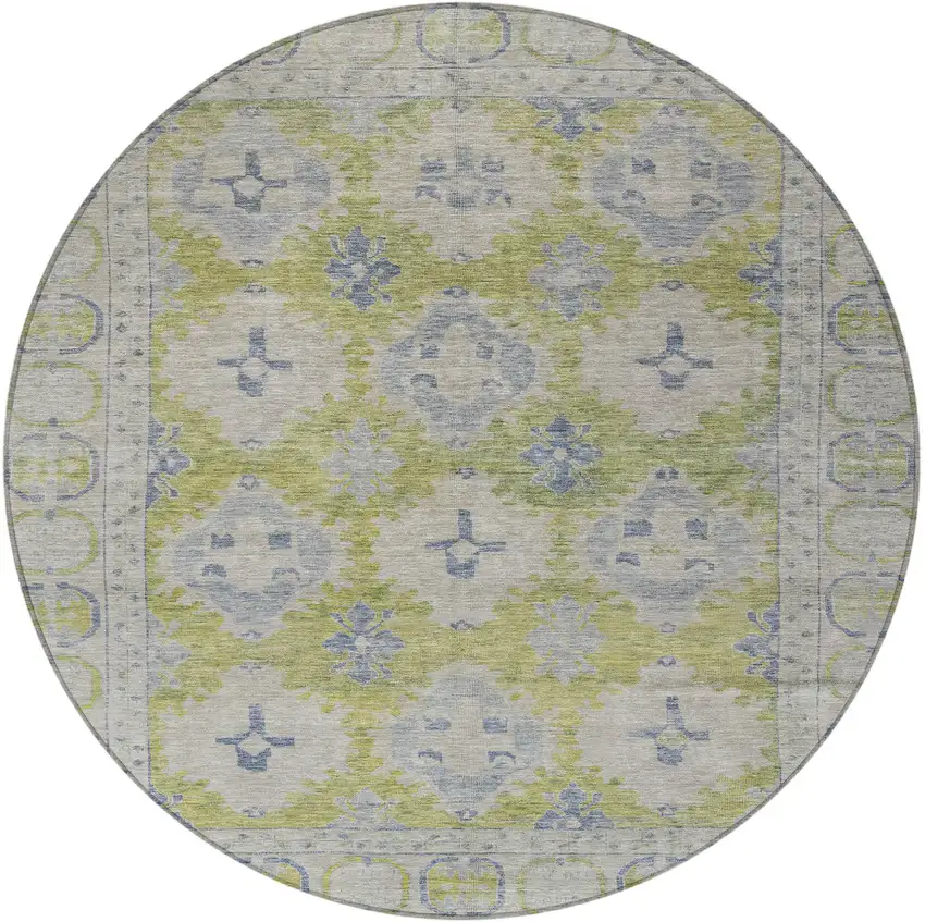 8' Artichoke Green And Blue Round Damask Washable Indoor Outdoor Area Rug Photo 3