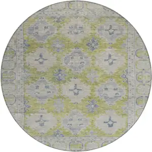 Photo of 8' Artichoke Green And Blue Round Damask Washable Indoor Outdoor Area Rug