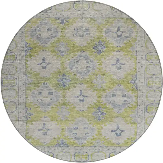 8' Artichoke Green And Blue Round Damask Washable Indoor Outdoor Area Rug Photo 1