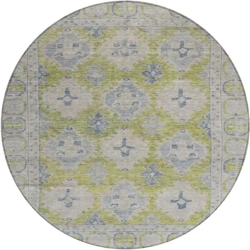 8' Artichoke Green And Blue Round Damask Washable Indoor Outdoor Area Rug Photo 1