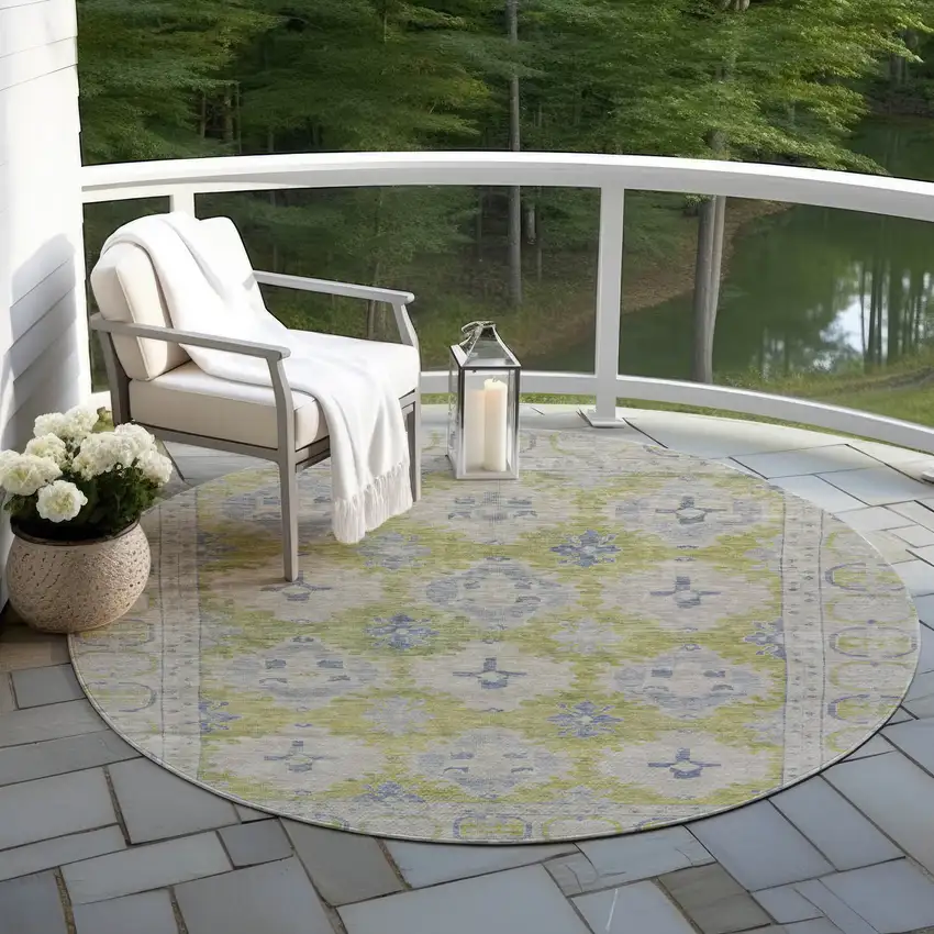 8' Artichoke Green And Blue Round Damask Washable Indoor Outdoor Area Rug Photo 5