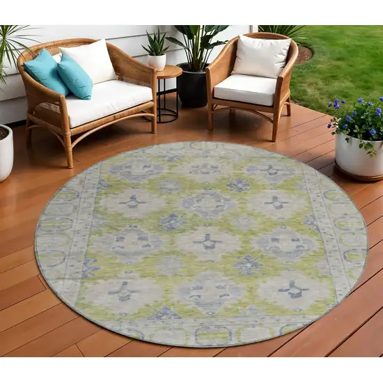 8' Artichoke Green And Blue Round Damask Washable Indoor Outdoor Area Rug Photo 2