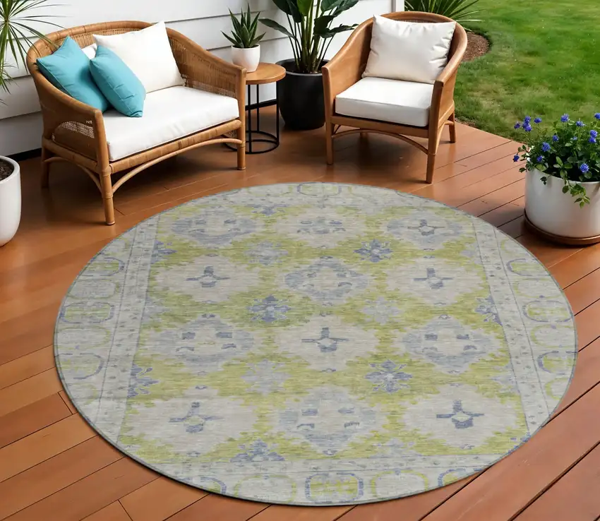 8' Artichoke Green And Blue Round Damask Washable Indoor Outdoor Area Rug Photo 2