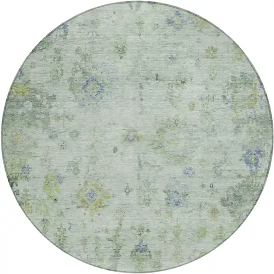8' Artichoke Green And Blue Round Floral Washable Indoor Outdoor Area Rug Photo 2