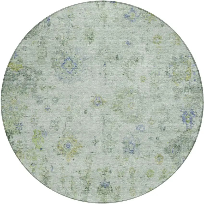 8' Artichoke Green And Blue Round Floral Washable Indoor Outdoor Area Rug Photo 2