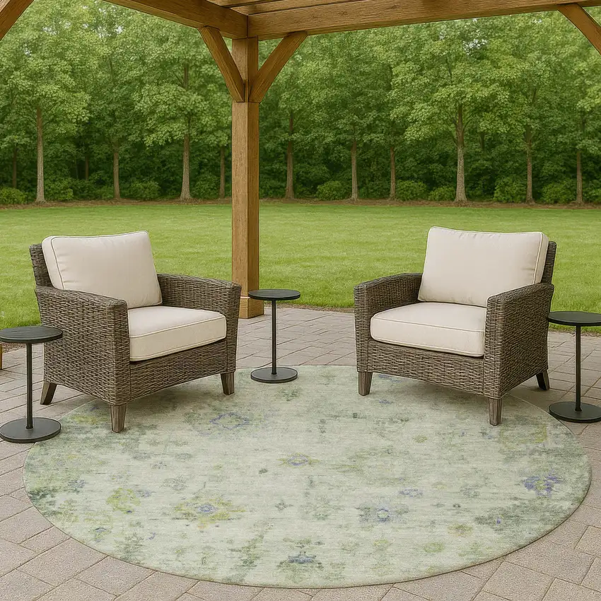 8' Artichoke Green And Blue Round Floral Washable Indoor Outdoor Area Rug Photo 8