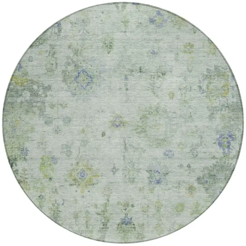 8' Artichoke Green And Blue Round Floral Washable Indoor Outdoor Area Rug Photo 4