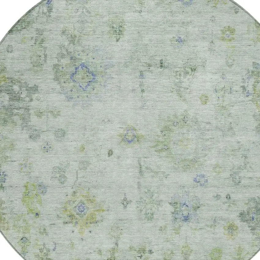 8' Artichoke Green And Blue Round Floral Washable Indoor Outdoor Area Rug Photo 7