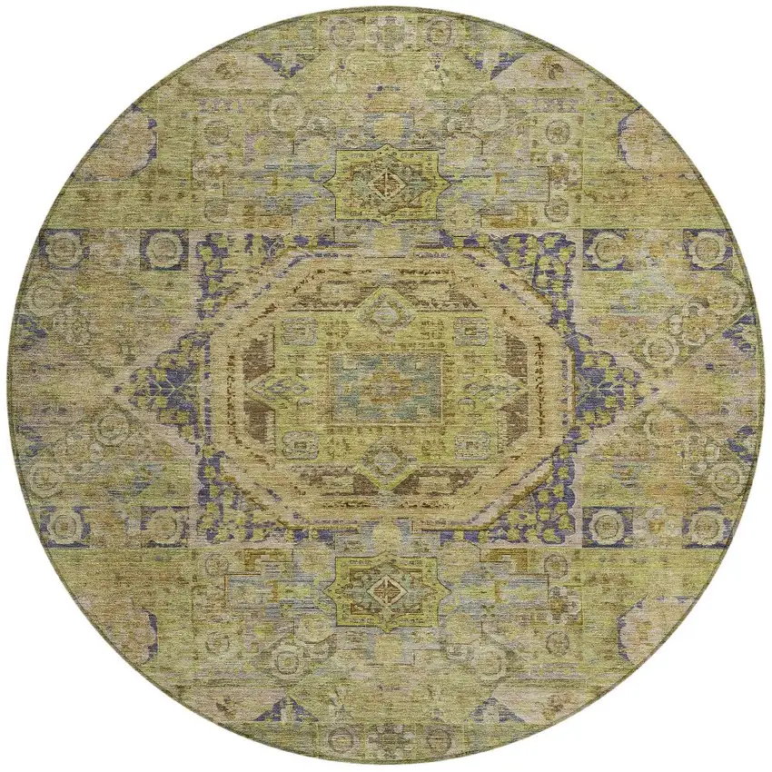 8' Artichoke Green And Blue Round Medallion Washable Indoor Outdoor Area Rug Photo 3