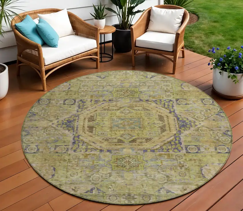 8' Artichoke Green And Blue Round Medallion Washable Indoor Outdoor Area Rug Photo 2