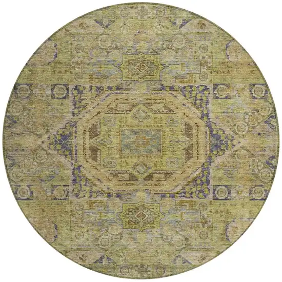 8' Artichoke Green And Blue Round Medallion Washable Indoor Outdoor Area Rug Photo 4