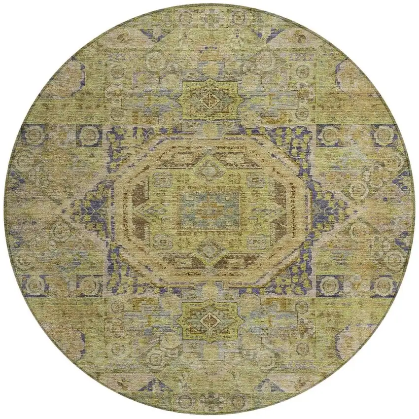 8' Artichoke Green And Blue Round Medallion Washable Indoor Outdoor Area Rug Photo 4