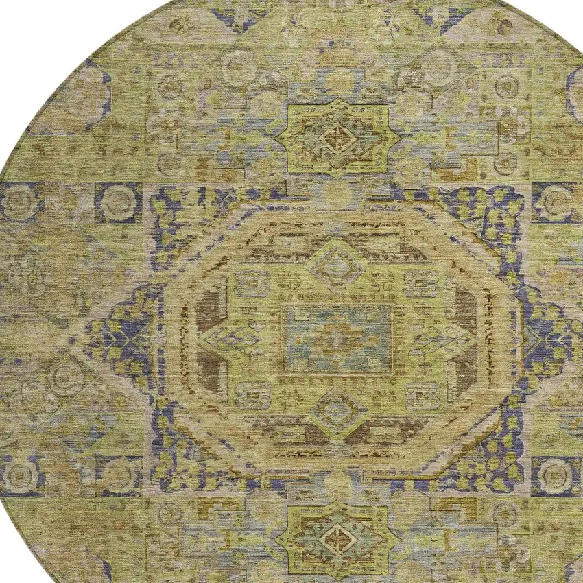 8' Artichoke Green And Blue Round Medallion Washable Indoor Outdoor Area Rug Photo 9