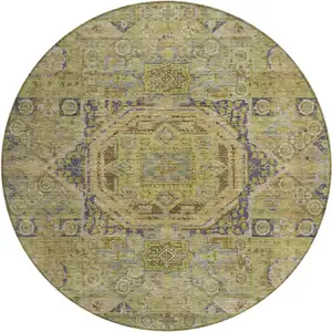 Photo of 8' Artichoke Green And Blue Round Medallion Washable Indoor Outdoor Area Rug