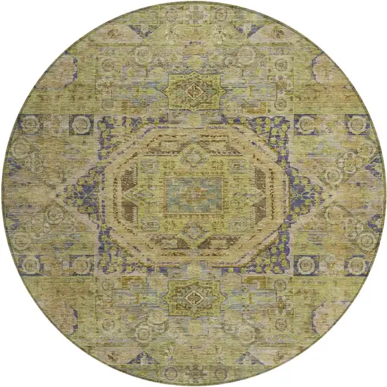 8' Artichoke Green And Blue Round Medallion Washable Indoor Outdoor Area Rug Photo 1