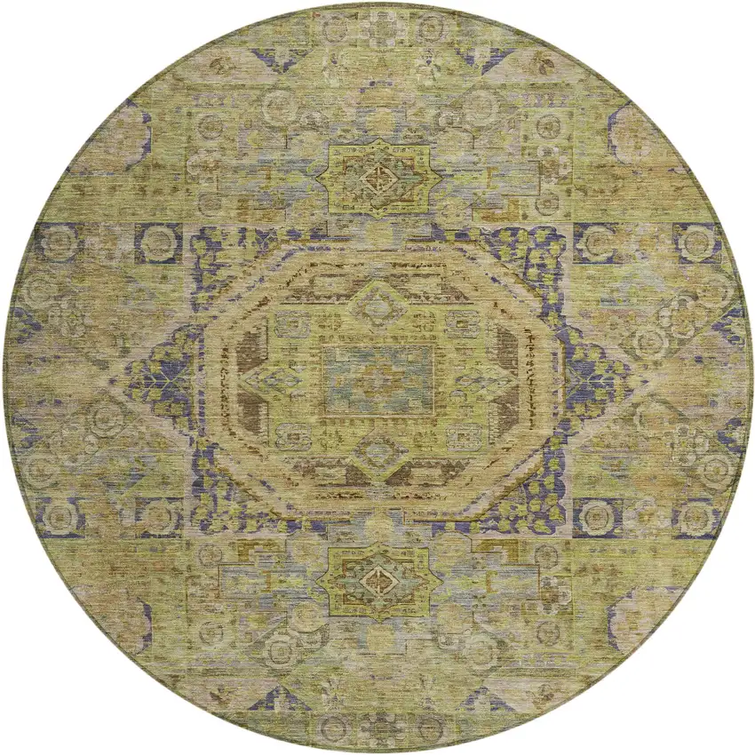 8' Artichoke Green And Blue Round Medallion Washable Indoor Outdoor Area Rug Photo 1