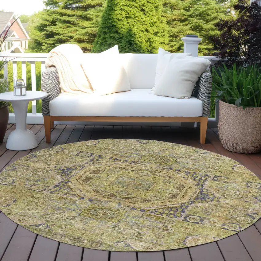 8' Artichoke Green And Blue Round Medallion Washable Indoor Outdoor Area Rug Photo 6