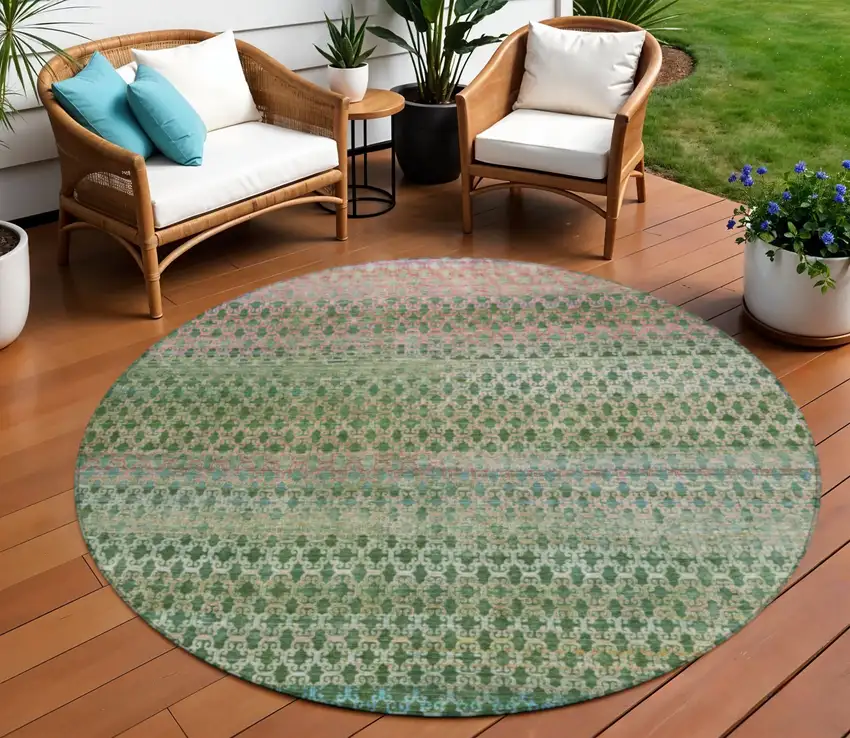 8' Artichoke Green And Blush Round Abstract Washable Indoor Outdoor Area Rug Photo 2