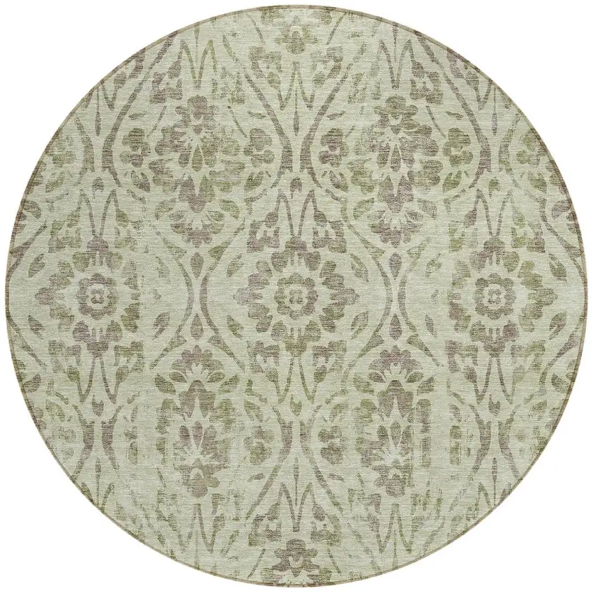 8' Artichoke Green And Brown Round Floral Washable Indoor Outdoor Area Rug Photo 4