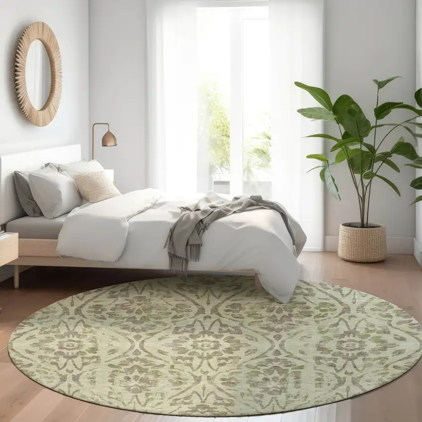 8' Artichoke Green And Brown Round Floral Washable Indoor Outdoor Area Rug Photo 7