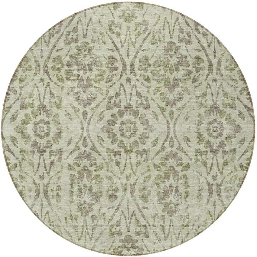 8' Artichoke Green And Brown Round Floral Washable Indoor Outdoor Area Rug Photo 5