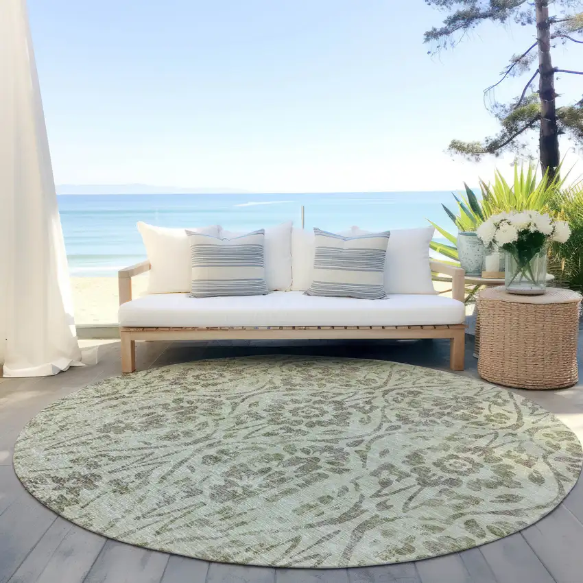 8' Artichoke Green And Brown Round Floral Washable Indoor Outdoor Area Rug Photo 6