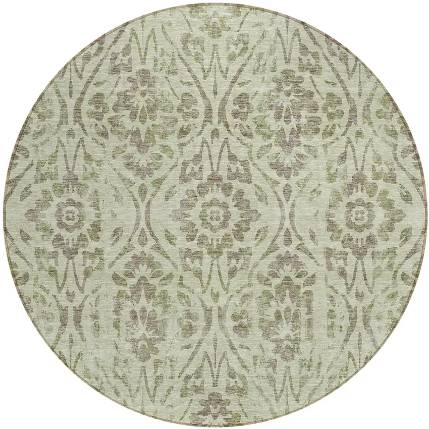 8' Artichoke Green And Brown Round Floral Washable Indoor Outdoor Area Rug Photo 2