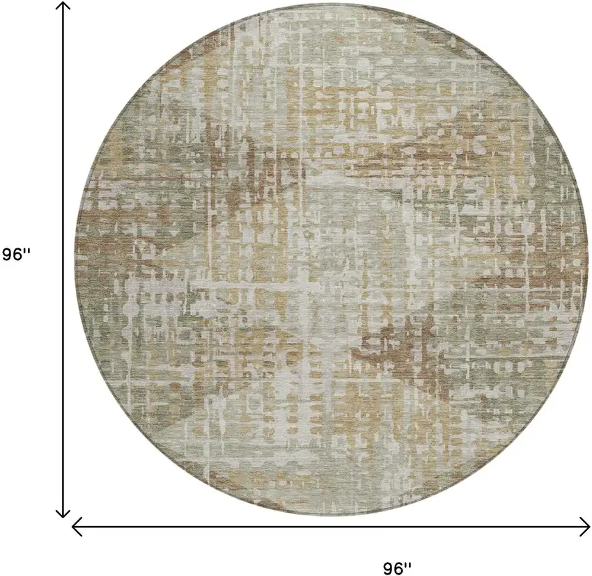 8' Artichoke Green And Brown Round Geometric Washable Indoor Outdoor Area Rug Photo 9