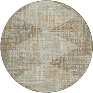 Photo of 8' Artichoke Green And Brown Round Geometric Washable Indoor Outdoor Area Rug