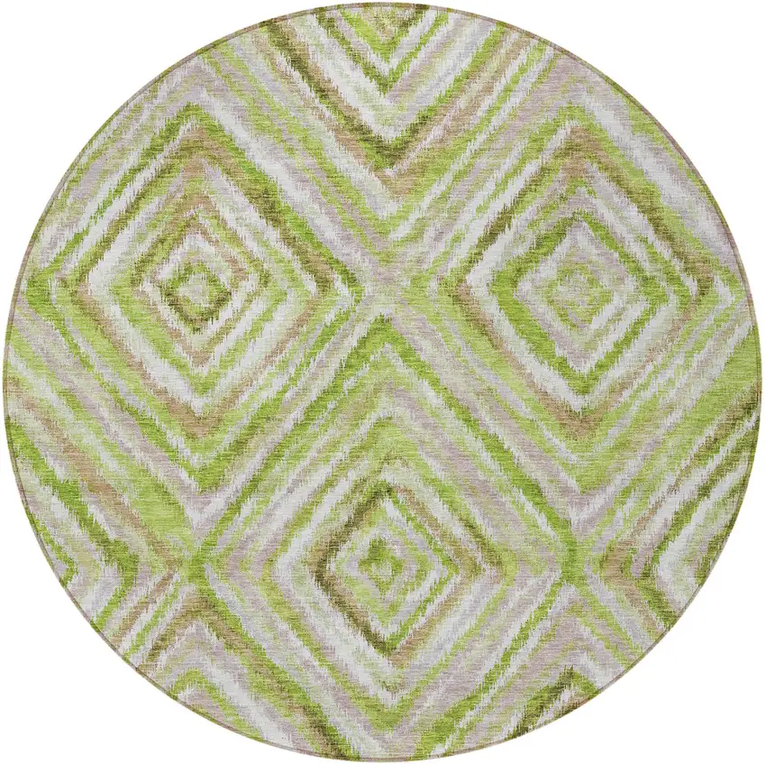 8' Artichoke Green And Brown Round Geometric Washable Indoor Outdoor Area Rug Photo 4