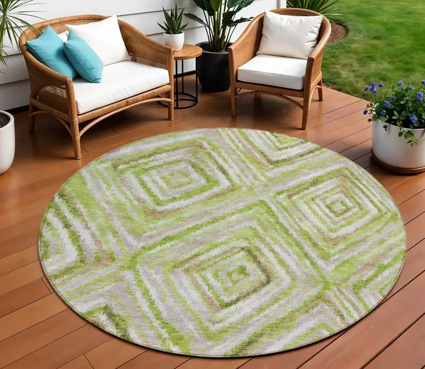 8' Artichoke Green And Brown Round Geometric Washable Indoor Outdoor Area Rug Photo 1