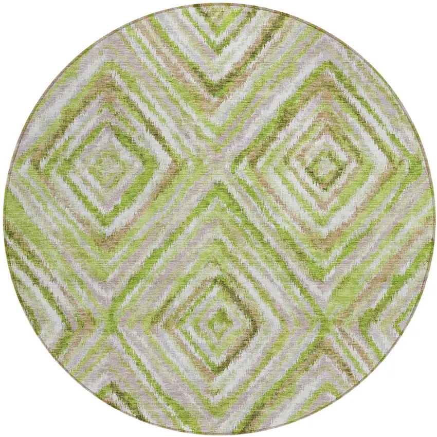 8' Artichoke Green And Brown Round Geometric Washable Indoor Outdoor Area Rug Photo 2