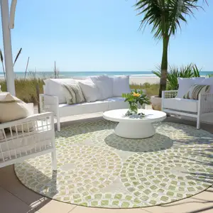 Photo of 8' Artichoke Green And Brown Round Geometric Washable Indoor Outdoor Area Rug
