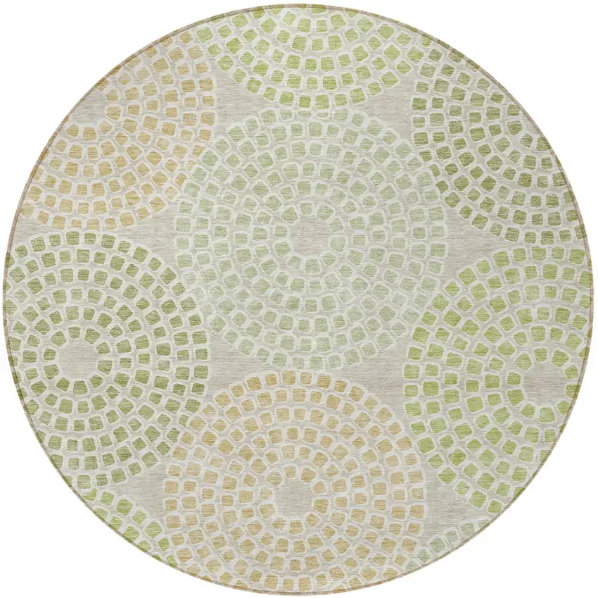 8' Artichoke Green And Brown Round Geometric Washable Indoor Outdoor Area Rug Photo 6