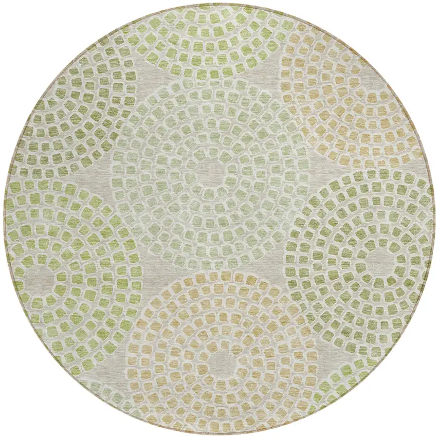 8' Artichoke Green And Brown Round Geometric Washable Indoor Outdoor Area Rug Photo 2