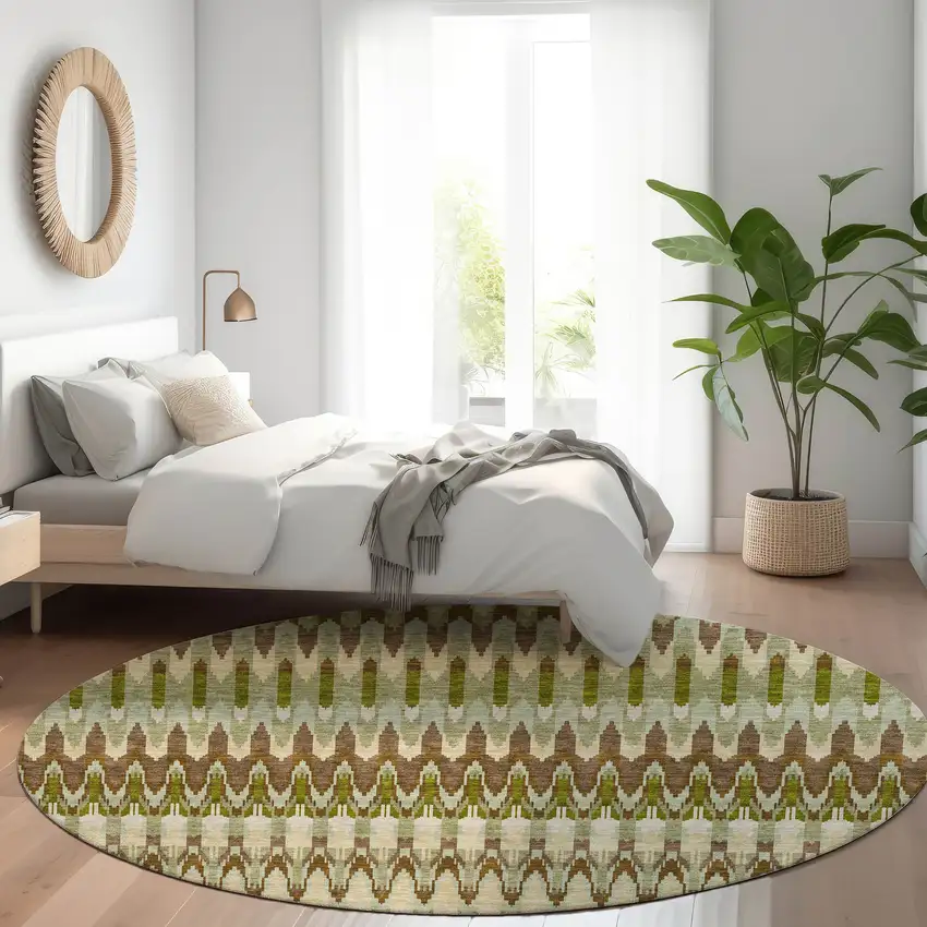 8' Artichoke Green And Brown Round Southwestern Washable Indoor Outdoor Area Rug Photo 8
