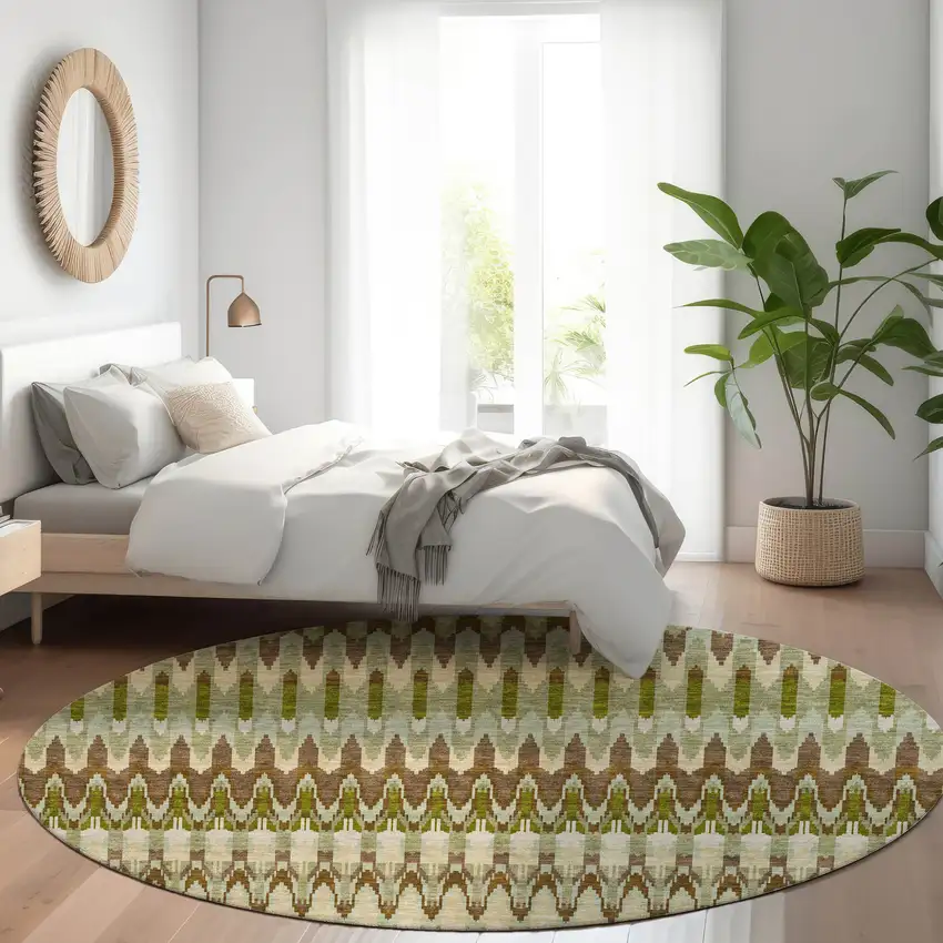 8' Artichoke Green And Brown Round Southwestern Washable Indoor Outdoor Area Rug Photo 8