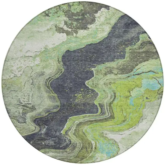 8' Artichoke Green And Charcoal Round Abstract Washable Indoor Outdoor Area Rug Photo 3