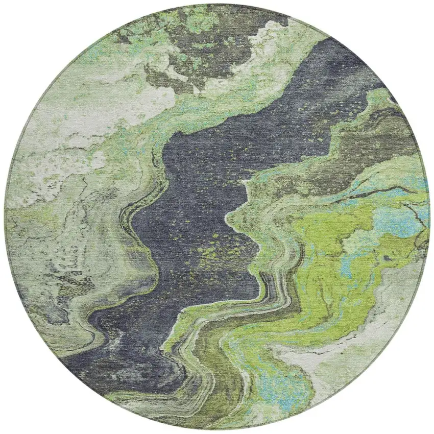 8' Artichoke Green And Charcoal Round Abstract Washable Indoor Outdoor Area Rug Photo 3