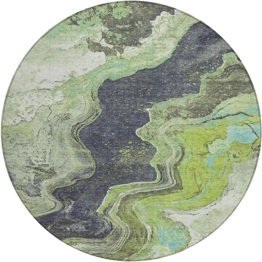 8' Artichoke Green And Charcoal Round Abstract Washable Indoor Outdoor Area Rug Photo 1